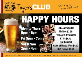 Queanbeyan Tigers Licensed Club menu